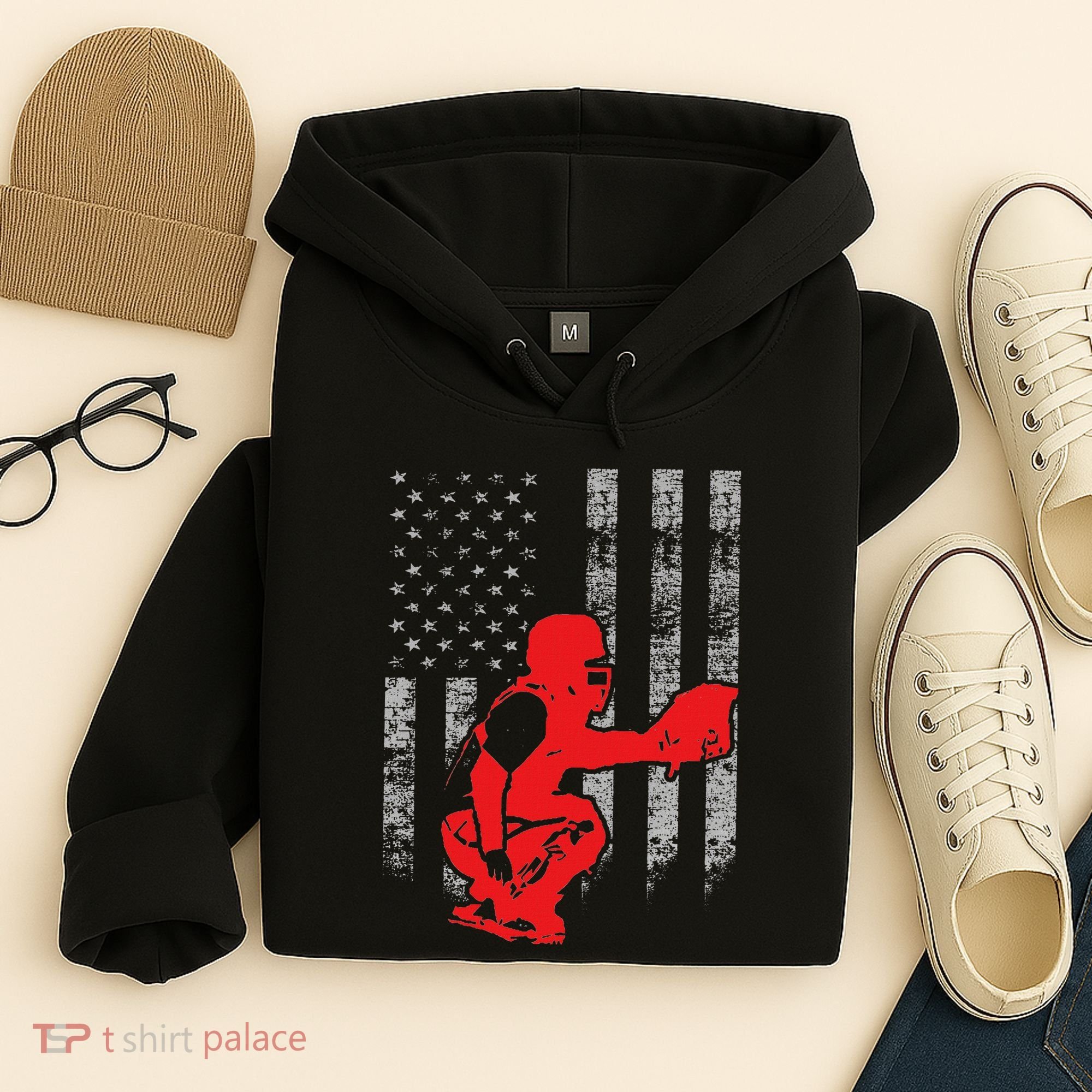 Baseball Catcher On American Flag Baseball Catcher Flag Hoodie