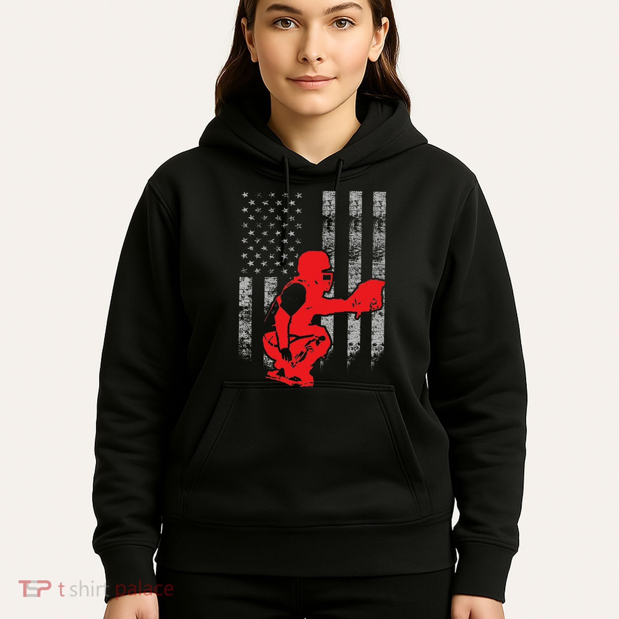 Baseball Catcher On American Flag Baseball Catcher Flag Hoodie