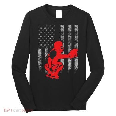 Baseball Catcher On American Flag Baseball Catcher Flag Long Sleeve Shirt