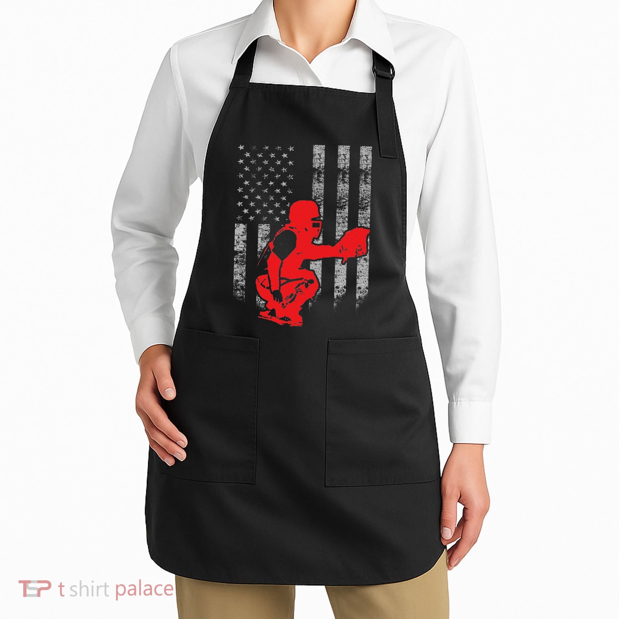 Baseball Catcher On American Flag Baseball Catcher Flag Apron