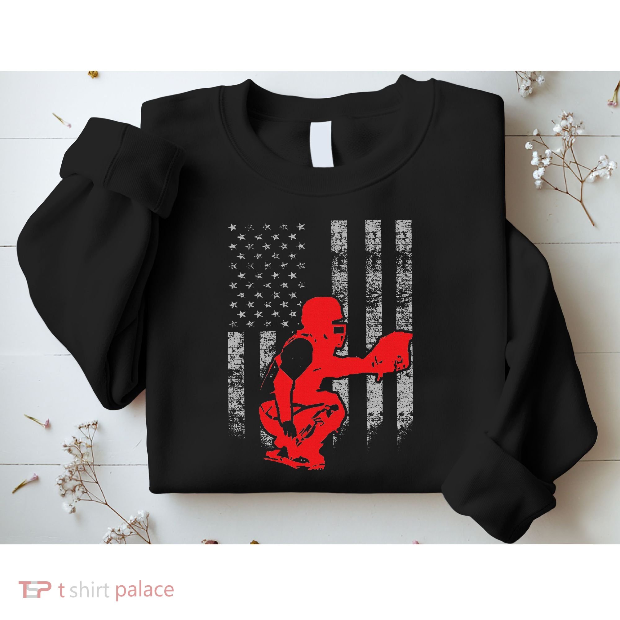 Baseball Catcher On American Flag Baseball Catcher Flag Sweatshirt