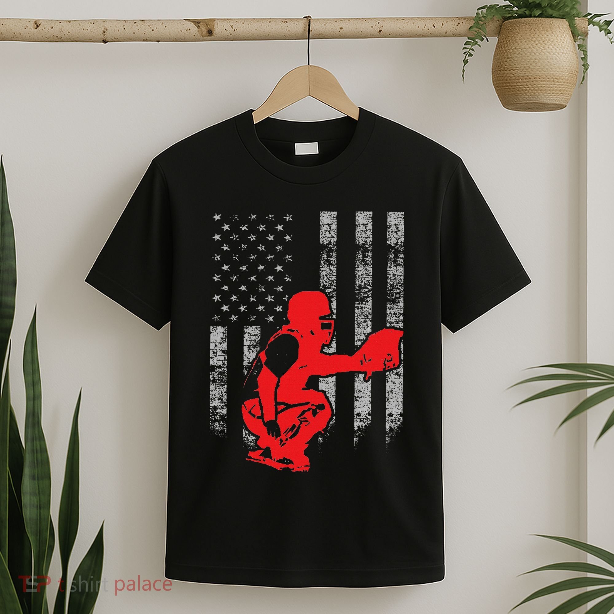 Baseball Catcher On American Flag Baseball Catcher Flag T-Shirt