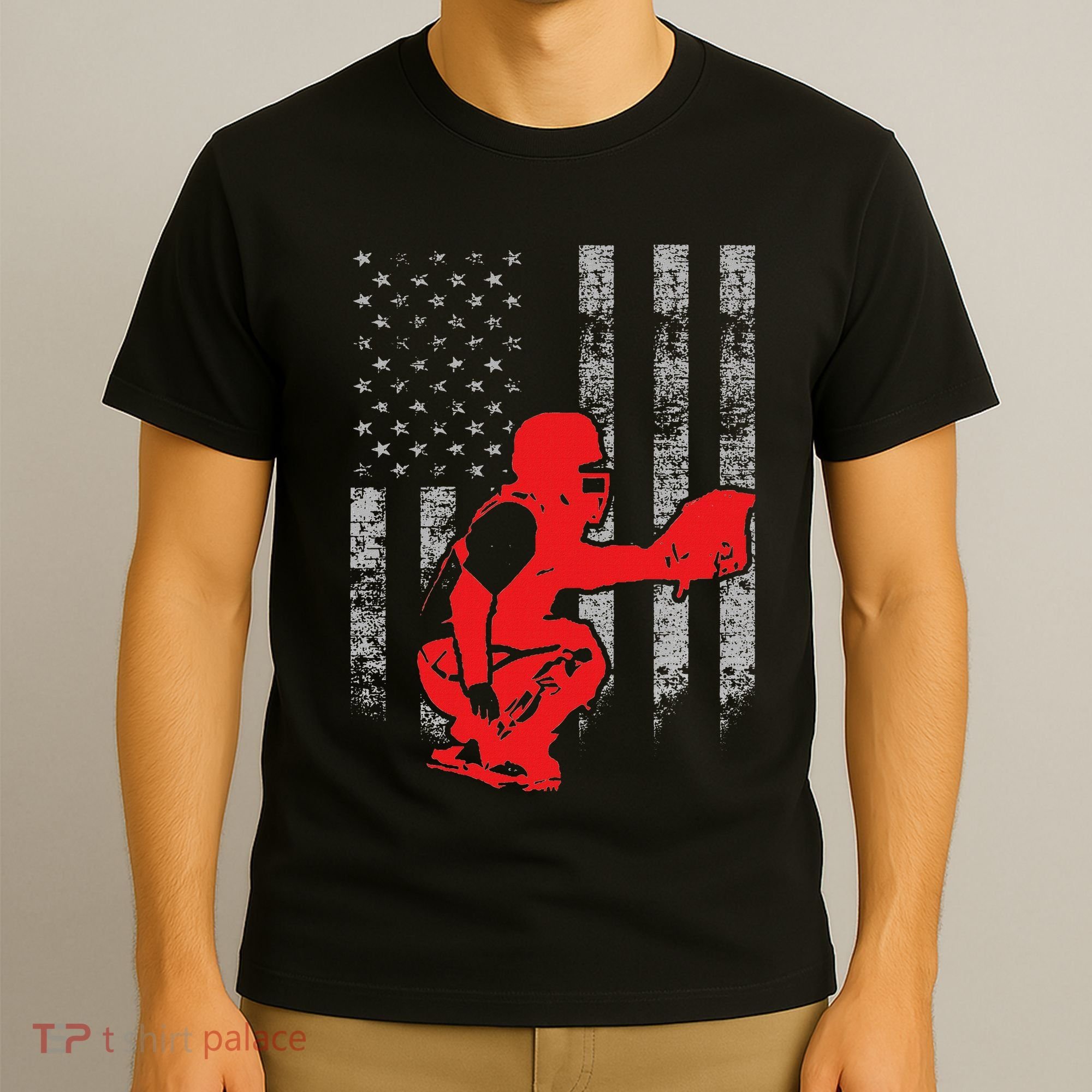 Baseball Catcher On American Flag Baseball Catcher Flag T-Shirt