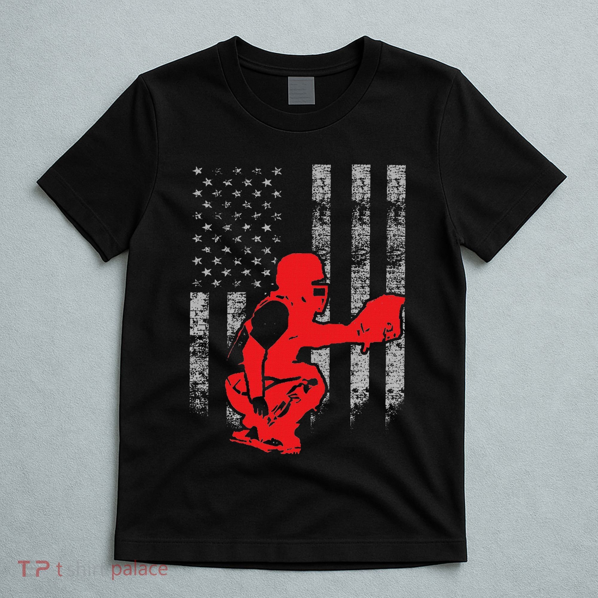 Baseball Catcher On American Flag Baseball Catcher Flag T-Shirt