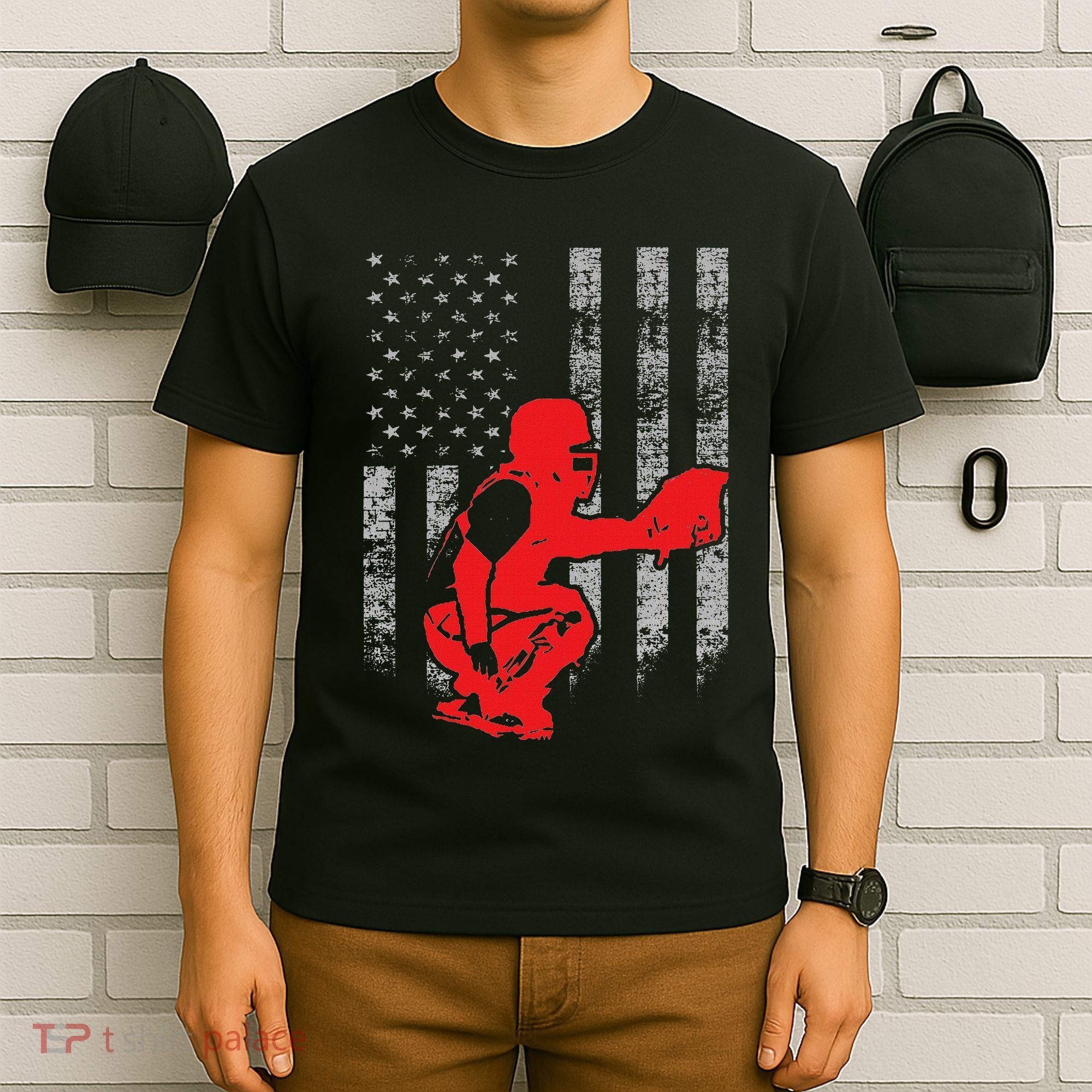 Baseball Catcher On American Flag Baseball Catcher Flag T-Shirt