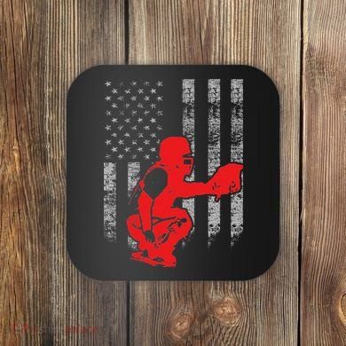 Baseball Catcher On American Flag Baseball Catcher Flag Coaster
