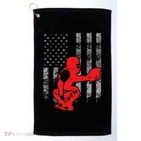 Baseball Catcher On American Flag Baseball Catcher Flag Golf Towel thumb 0