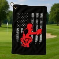 Baseball Catcher On American Flag Baseball Catcher Flag Golf Towel thumb 1