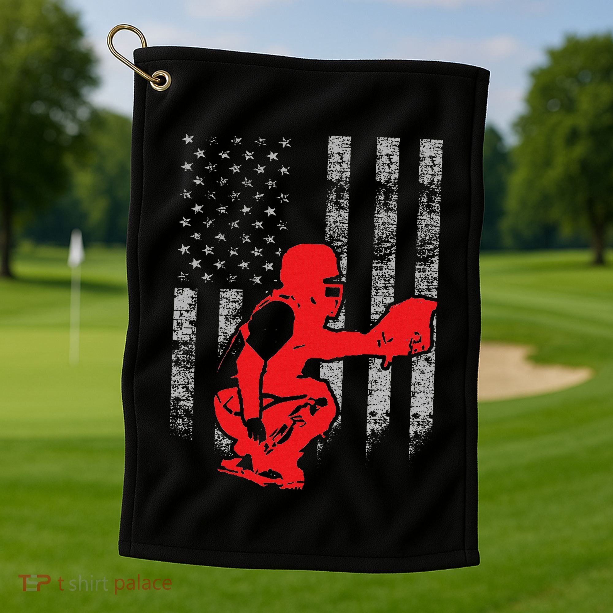 Baseball Catcher On American Flag Baseball Catcher Flag Golf Towel