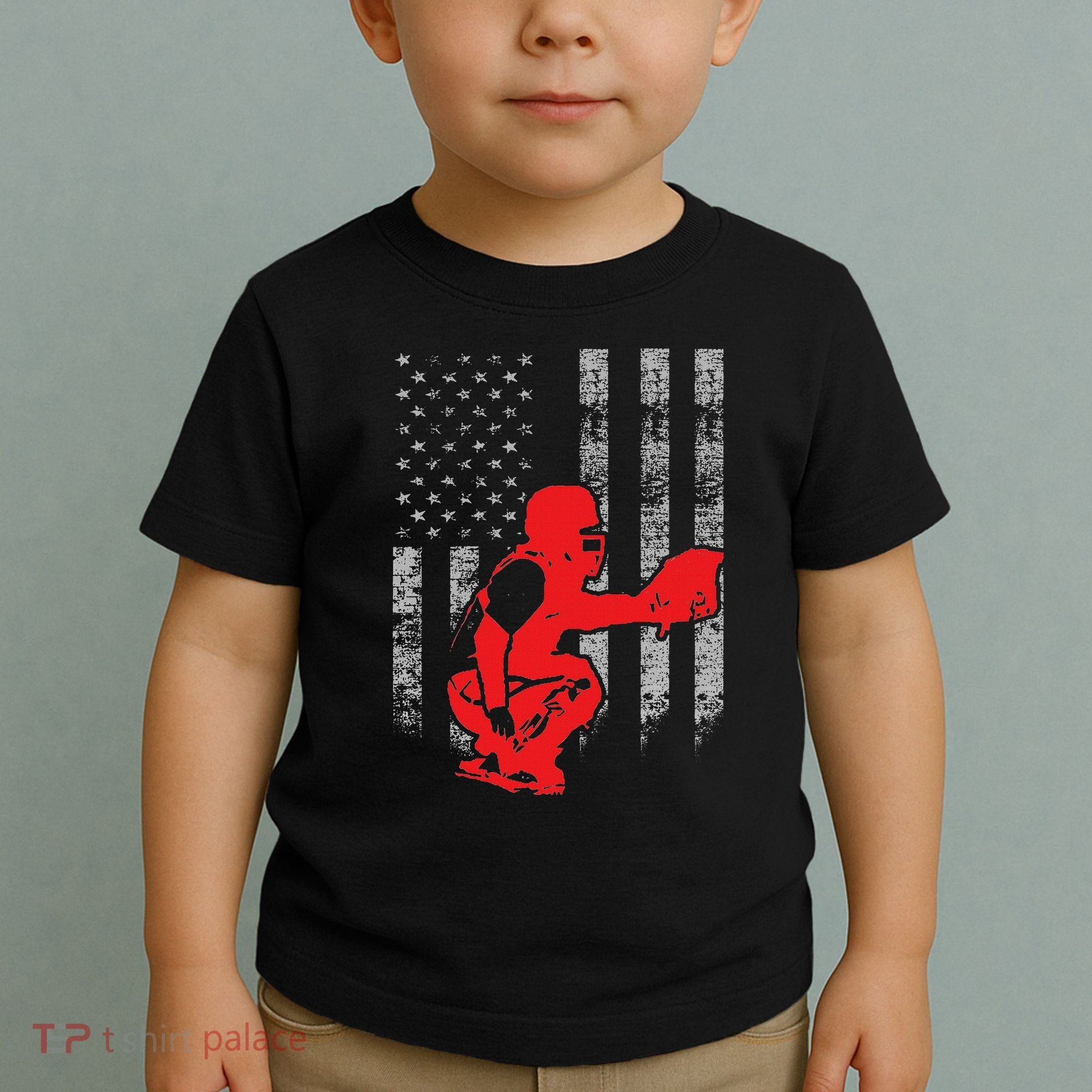 Baseball Catcher On American Flag Baseball Catcher Flag Toddler T-Shirt