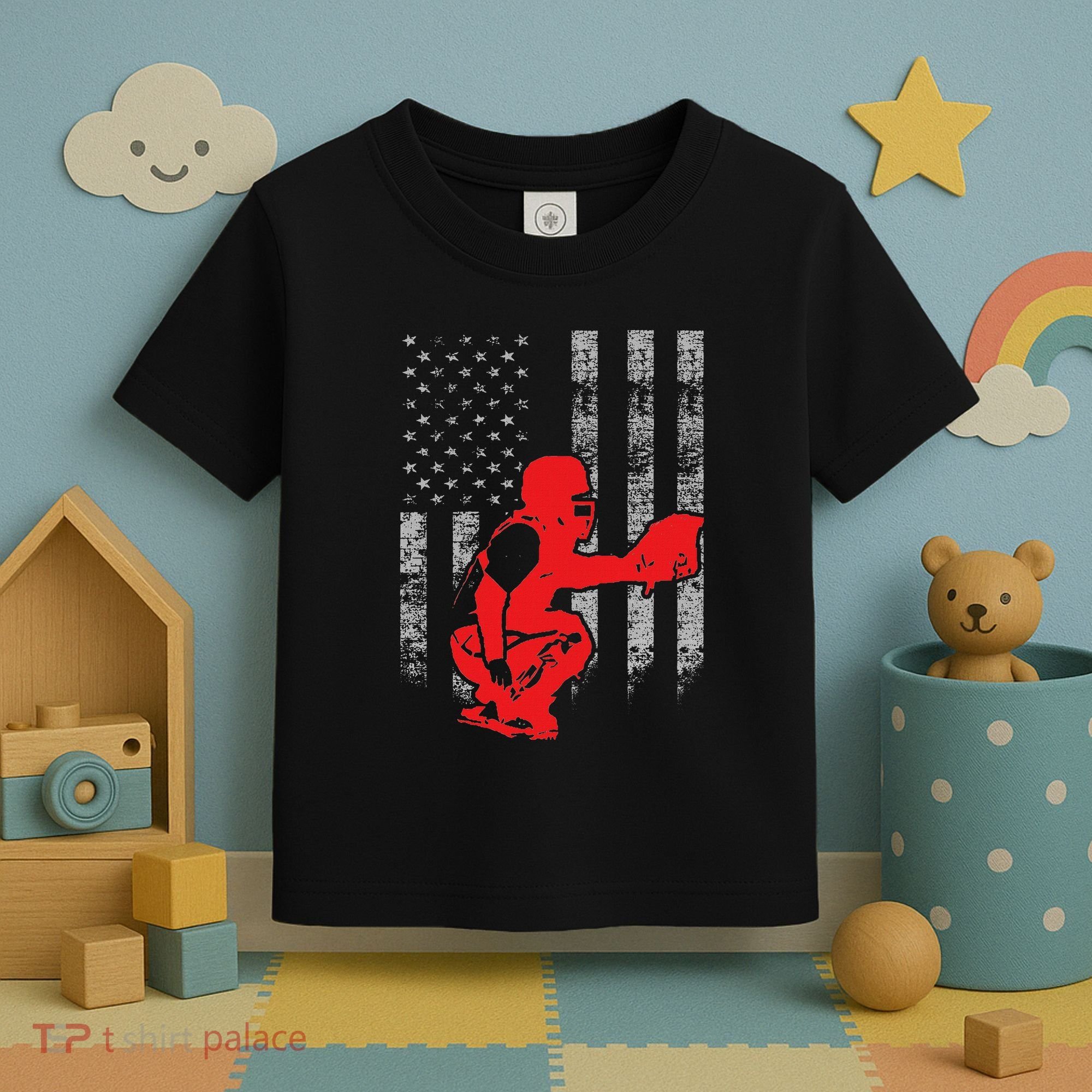 Baseball Catcher On American Flag Baseball Catcher Flag Toddler T-Shirt