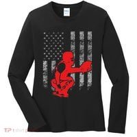 Baseball Catcher On American Flag Baseball Catcher Flag Women's Long Sleeve Shirt thumb 0