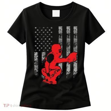 Baseball Catcher On American Flag Baseball Catcher Flag Women's T-Shirt