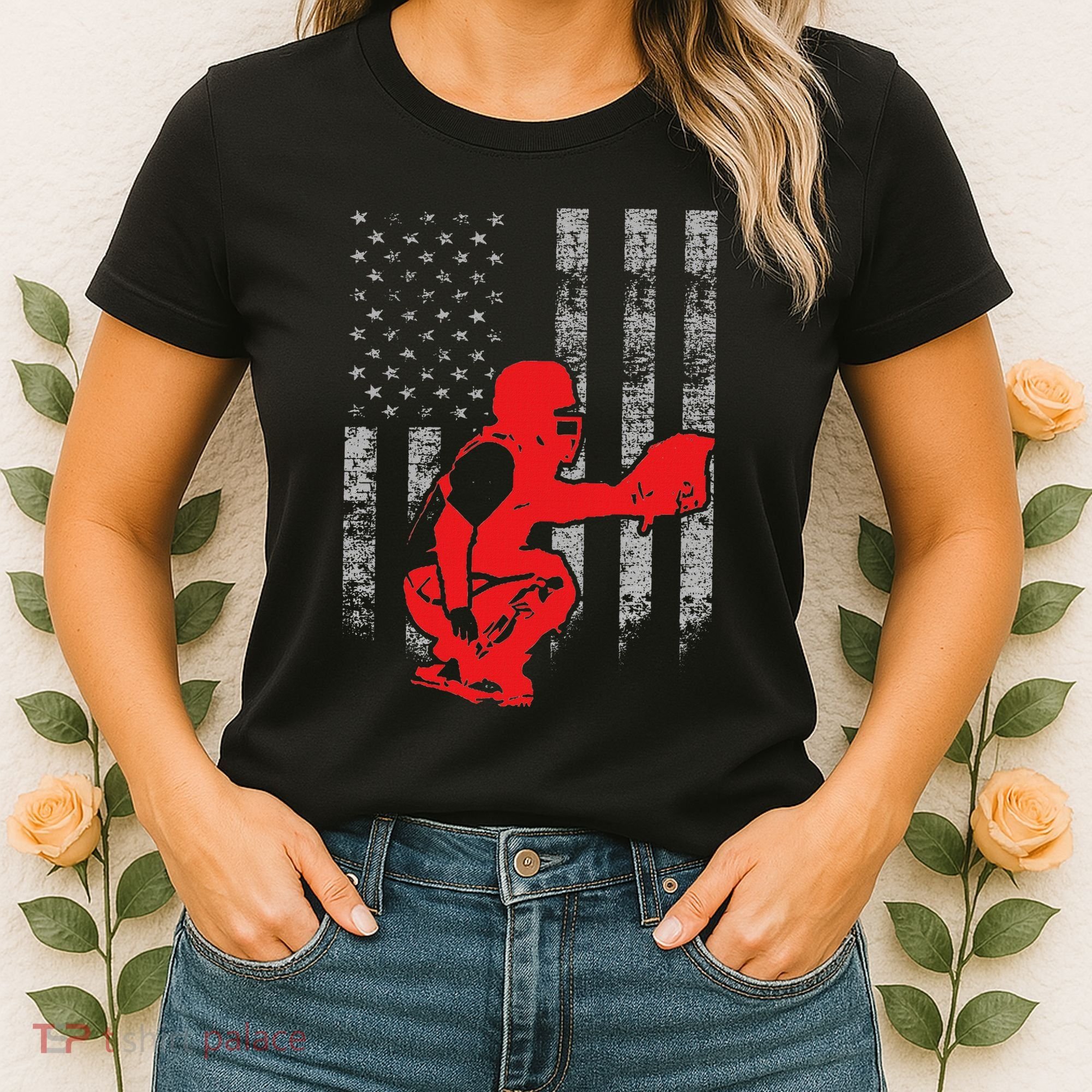 Baseball Catcher On American Flag Baseball Catcher Flag Women's T-Shirt