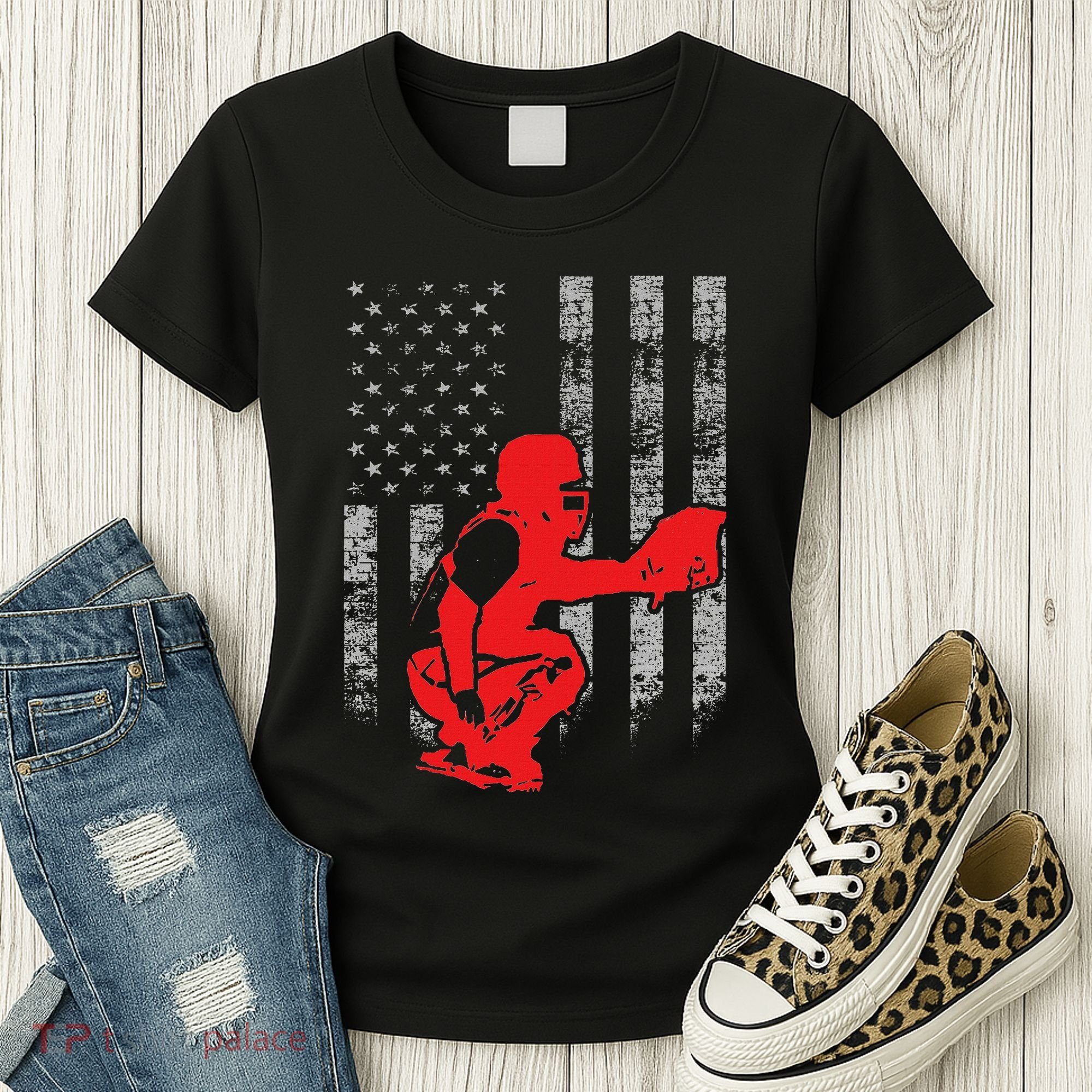 Baseball Catcher On American Flag Baseball Catcher Flag Women's T-Shirt