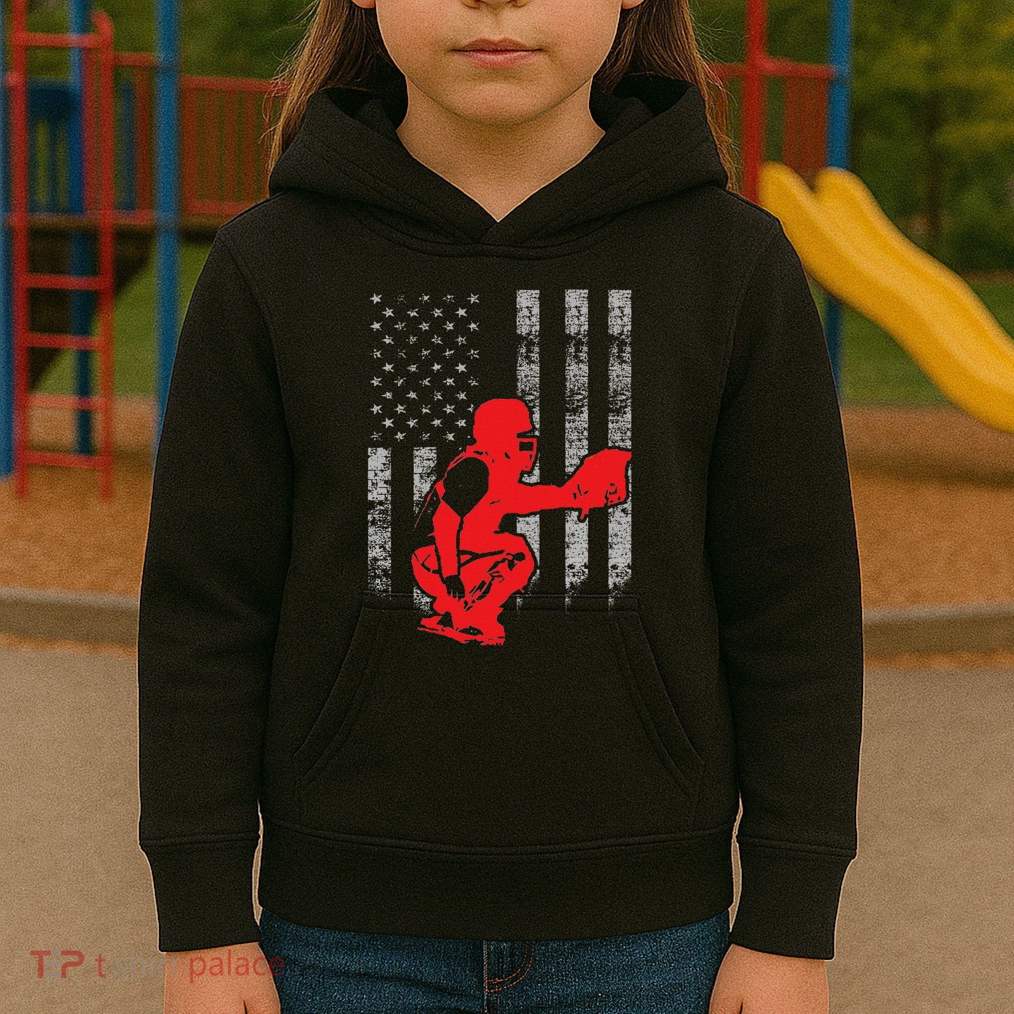Baseball Catcher On American Flag Baseball Catcher Flag Kids Hoodie
