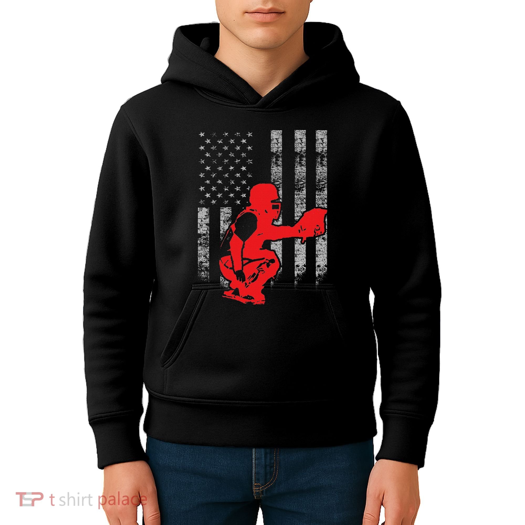 Baseball Catcher On American Flag Baseball Catcher Flag Kids Hoodie