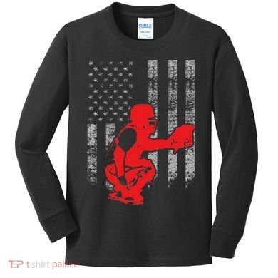 Baseball Catcher On American Flag Baseball Catcher Flag Kids Long Sleeve Shirt