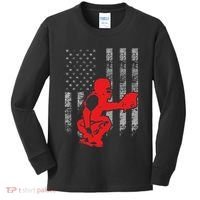 Baseball Catcher On American Flag Baseball Catcher Flag Kids Long Sleeve Shirt thumb 0