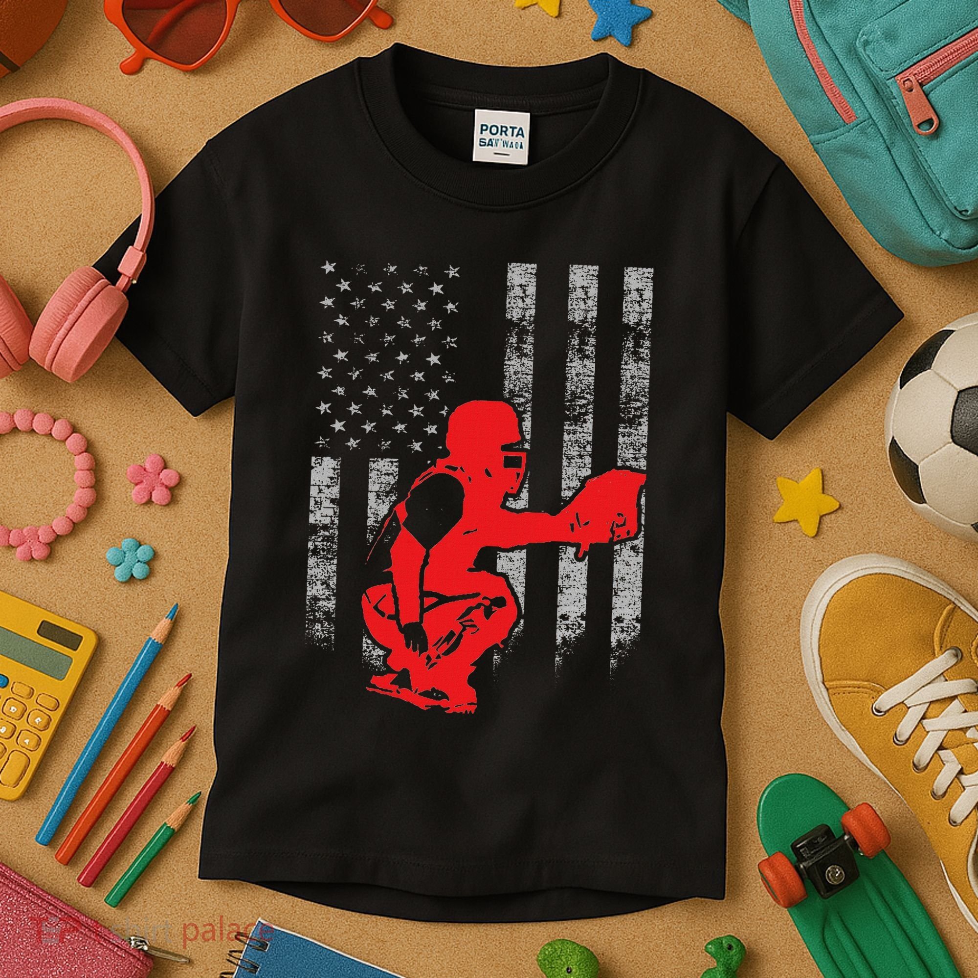 Baseball Catcher On American Flag Baseball Catcher Flag Kids T-Shirt