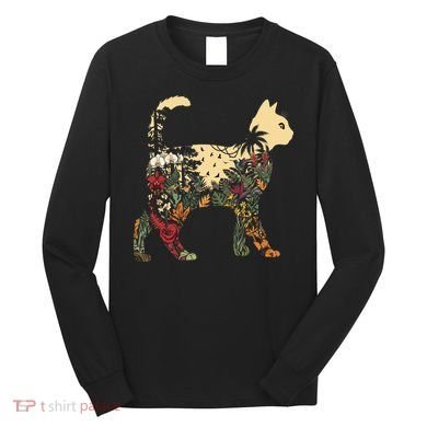 Boho Cat Plants Nature Trees Wild Flowers Graphic Long Sleeve Shirt