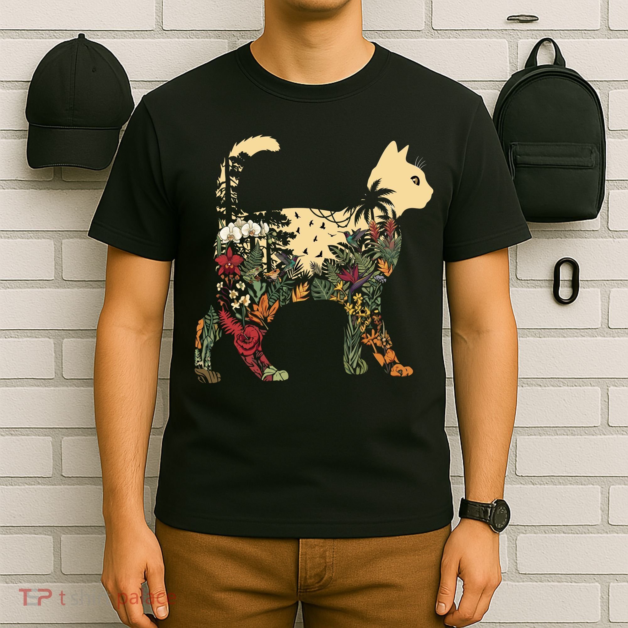 Boho Cat Plants Nature Trees Wild Flowers Graphic T-Shirt