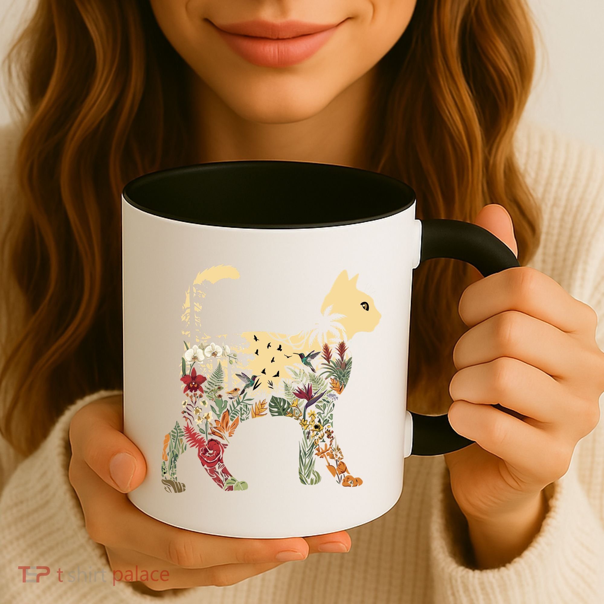 Boho Cat Plants Nature Trees Wild Flowers Graphic Coffee Mug