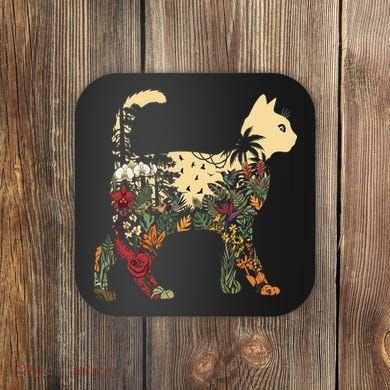 Boho Cat Plants Nature Trees Wild Flowers Graphic Coaster