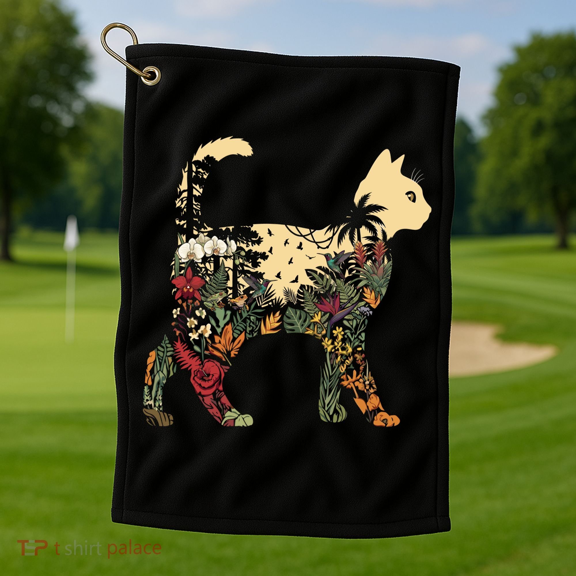 Boho Cat Plants Nature Trees Wild Flowers Graphic Golf Towel