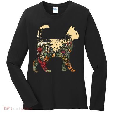 Boho Cat Plants Nature Trees Wild Flowers Graphic Women's Long Sleeve Shirt