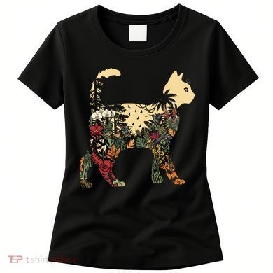 Boho Cat Plants Nature Trees Wild Flowers Graphic Women's T-Shirt