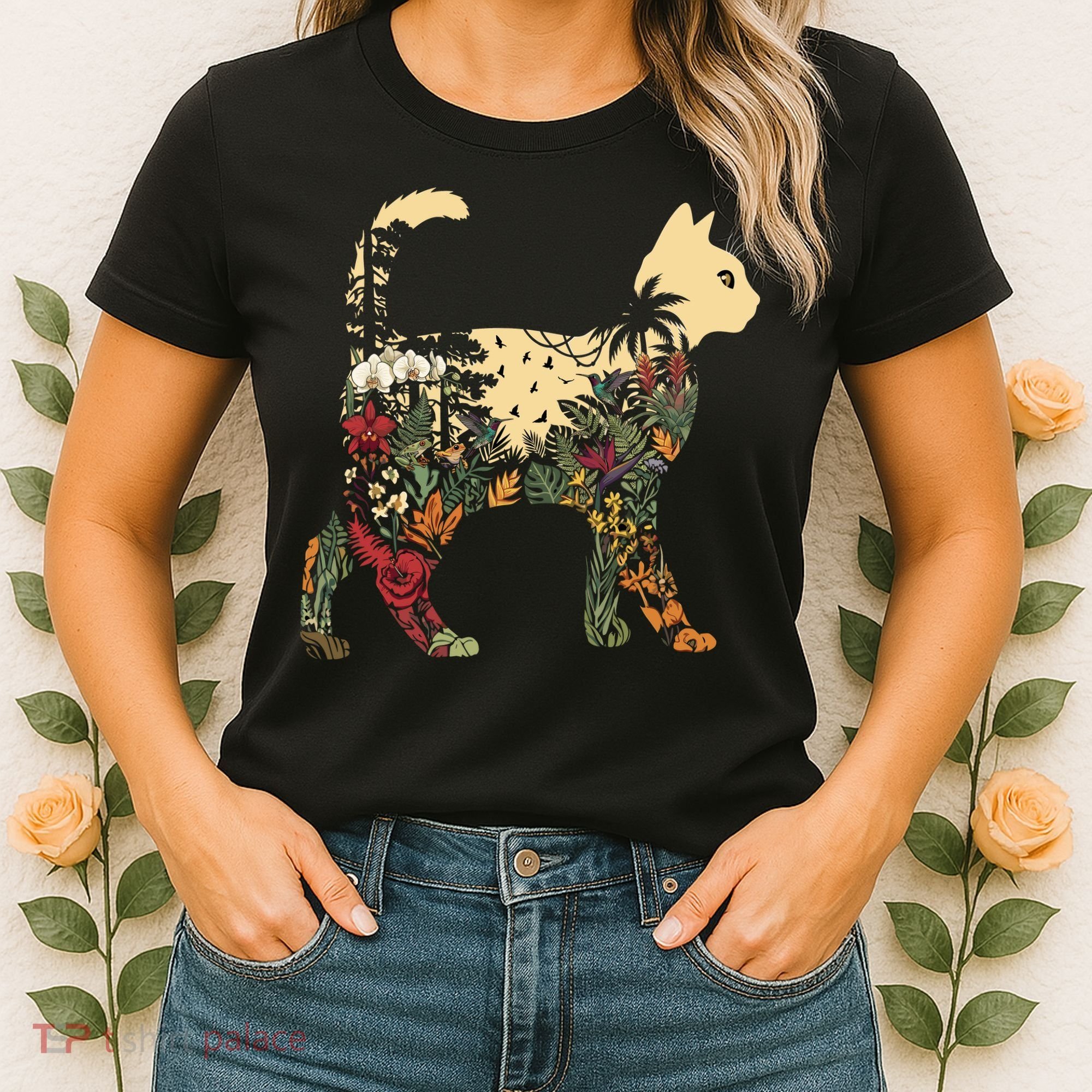 Boho Cat Plants Nature Trees Wild Flowers Graphic Women's T-Shirt