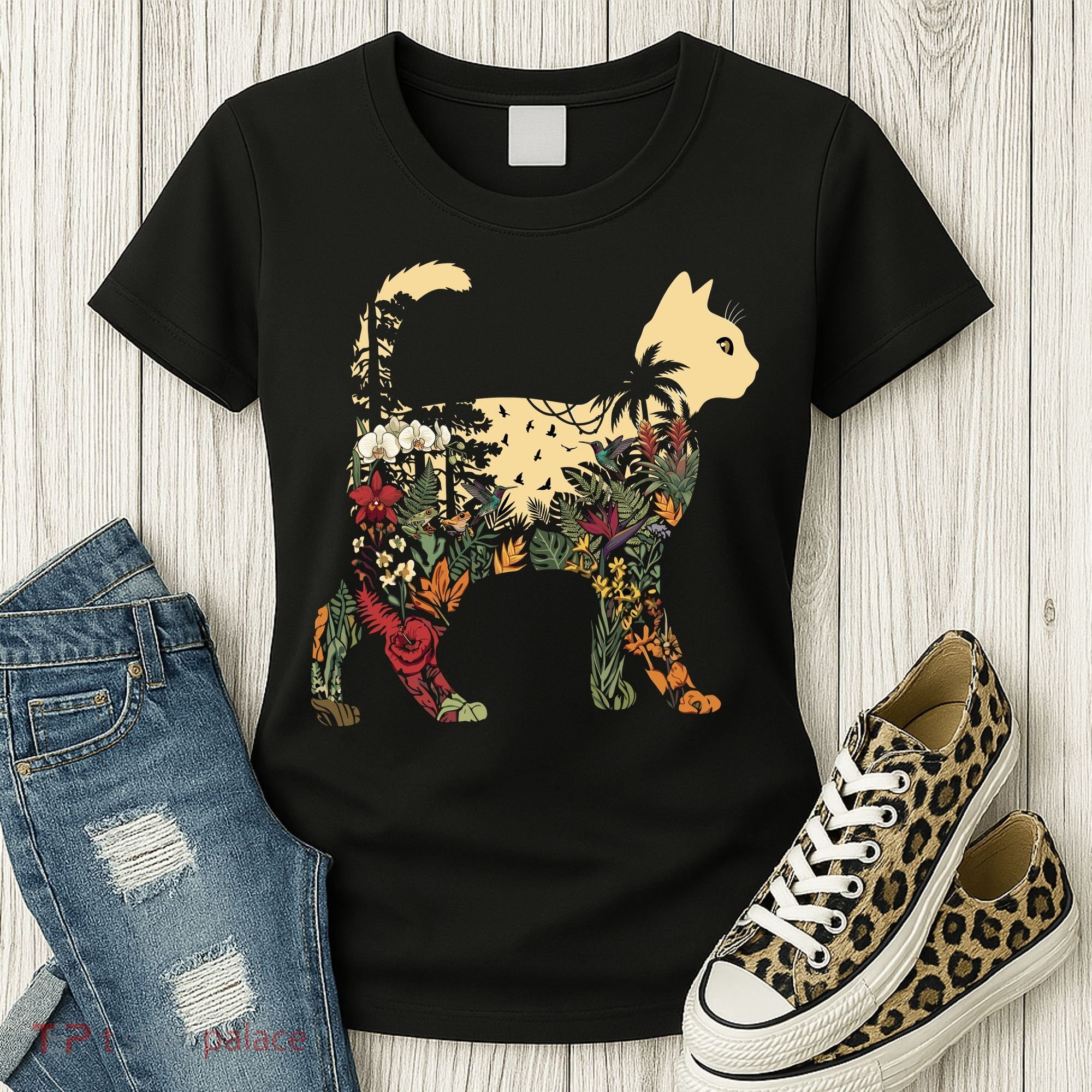 Boho Cat Plants Nature Trees Wild Flowers Graphic Women's T-Shirt