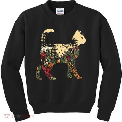 Boho Cat Plants Nature Trees Wild Flowers Graphic Kids Sweatshirt