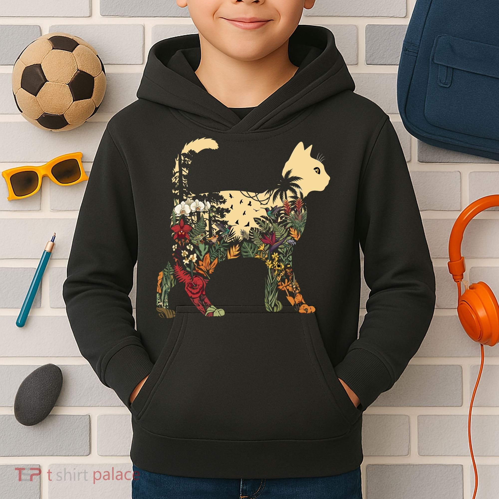 Boho Cat Plants Nature Trees Wild Flowers Graphic Kids Hoodie