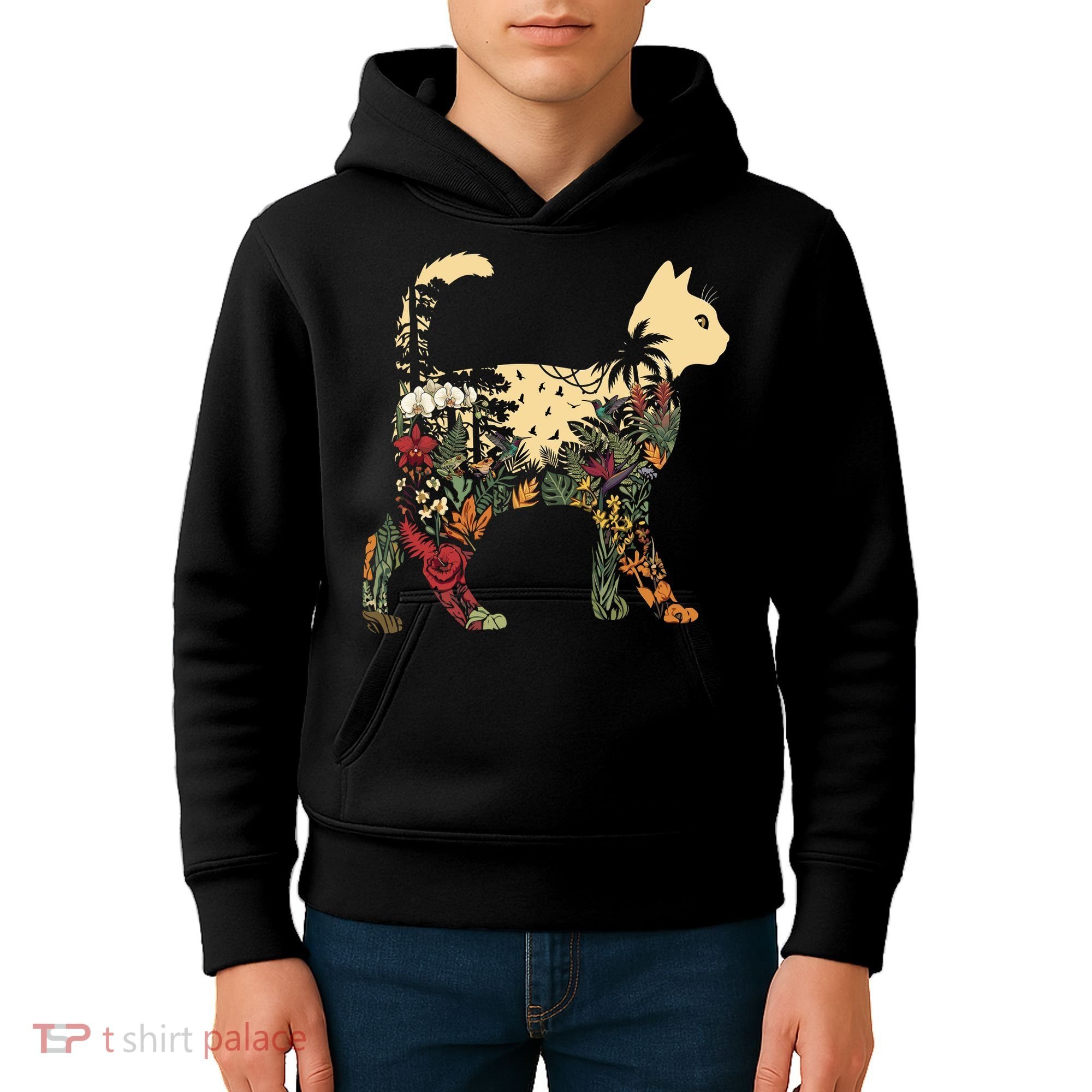 Boho Cat Plants Nature Trees Wild Flowers Graphic Kids Hoodie