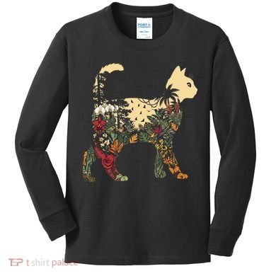 Boho Cat Plants Nature Trees Wild Flowers Graphic Kids Long Sleeve Shirt