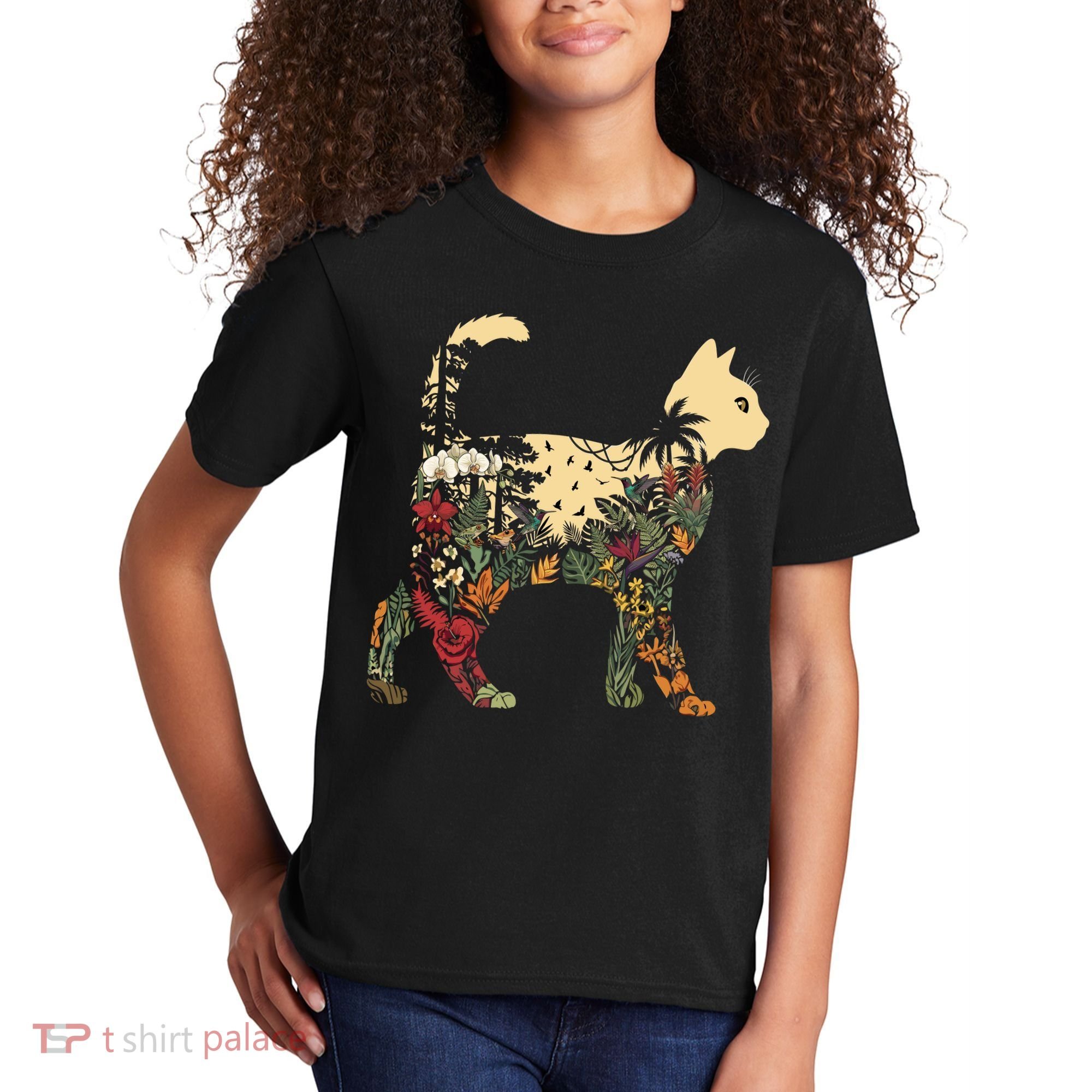 Boho Cat Plants Nature Trees Wild Flowers Graphic Kids T-Shirt