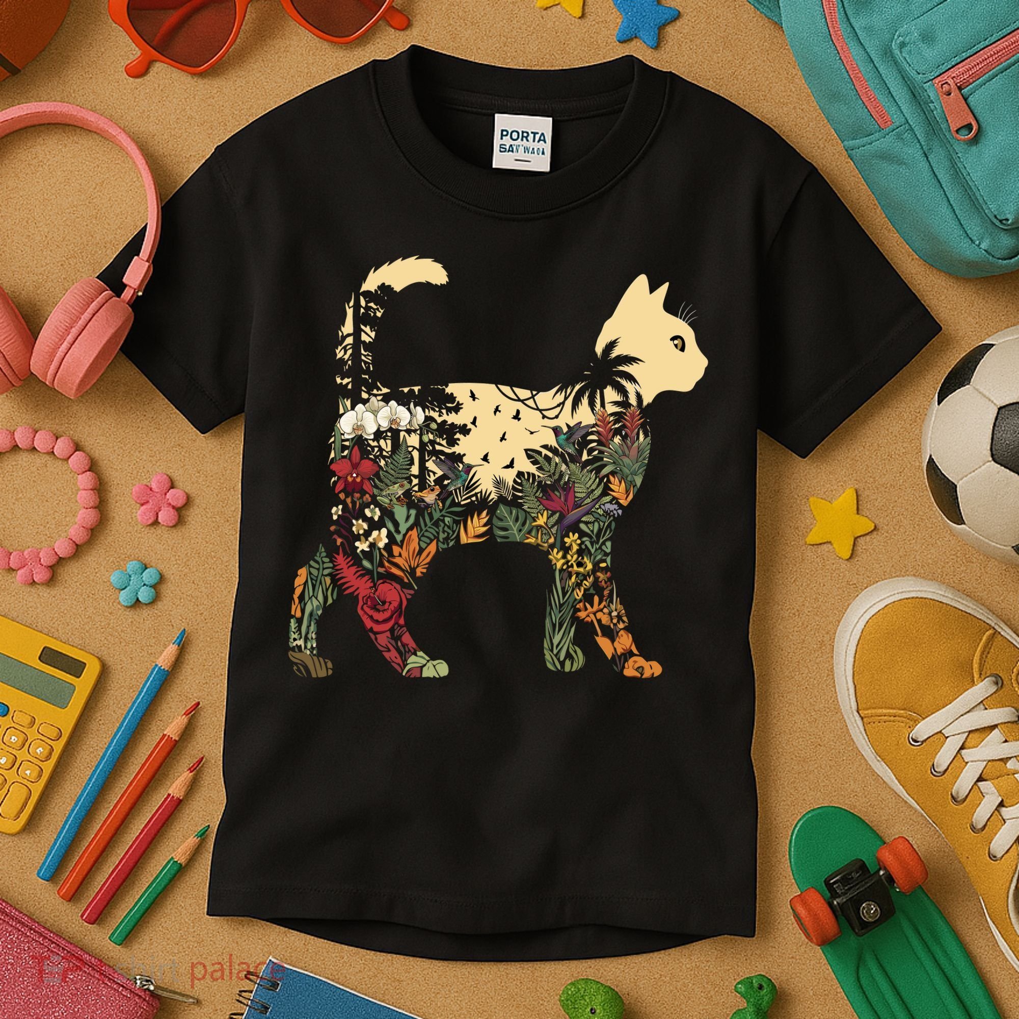 Boho Cat Plants Nature Trees Wild Flowers Graphic Kids T-Shirt