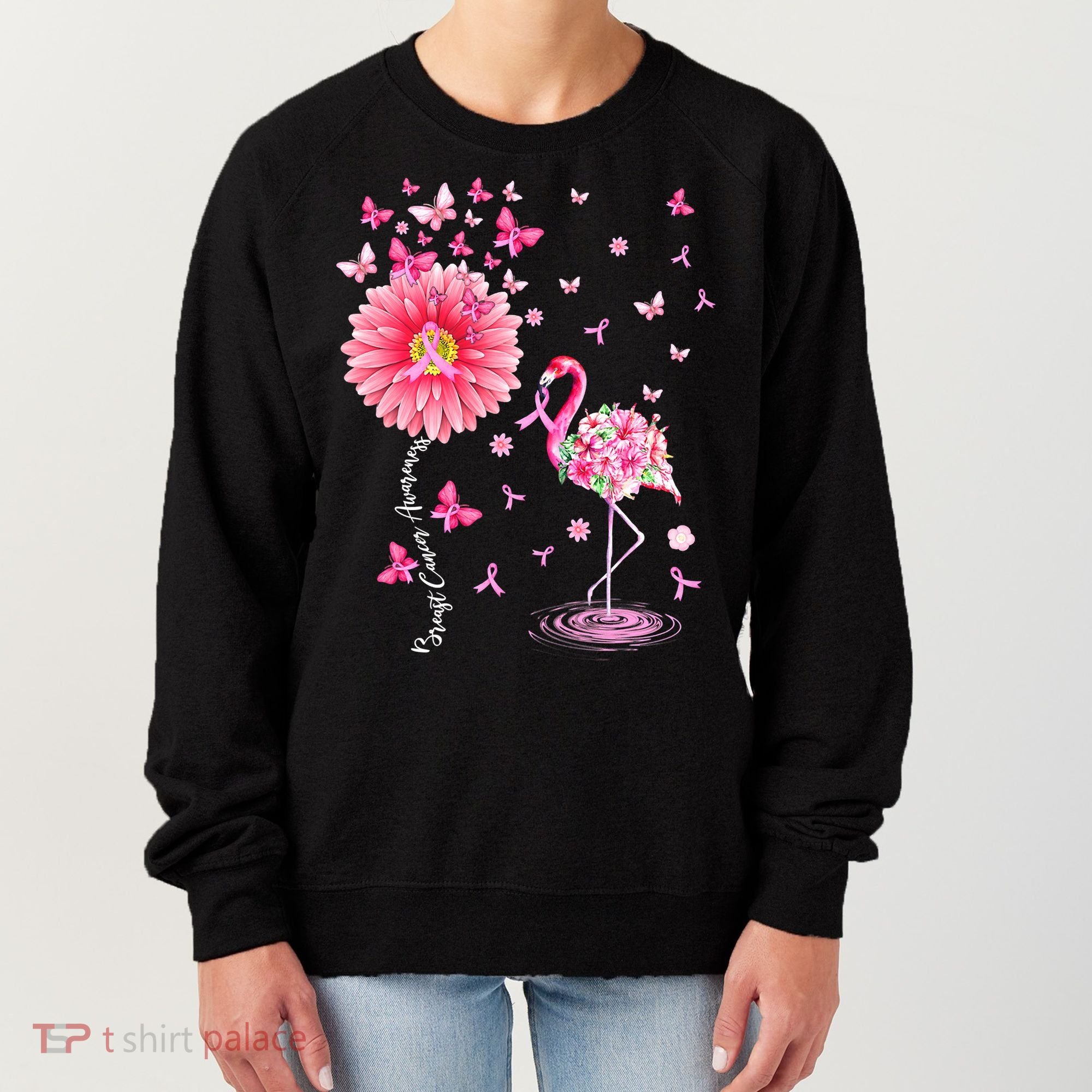Breast Cancer Pink Flamingo Daisy Awareness Ribbon Women's Sweatshirt