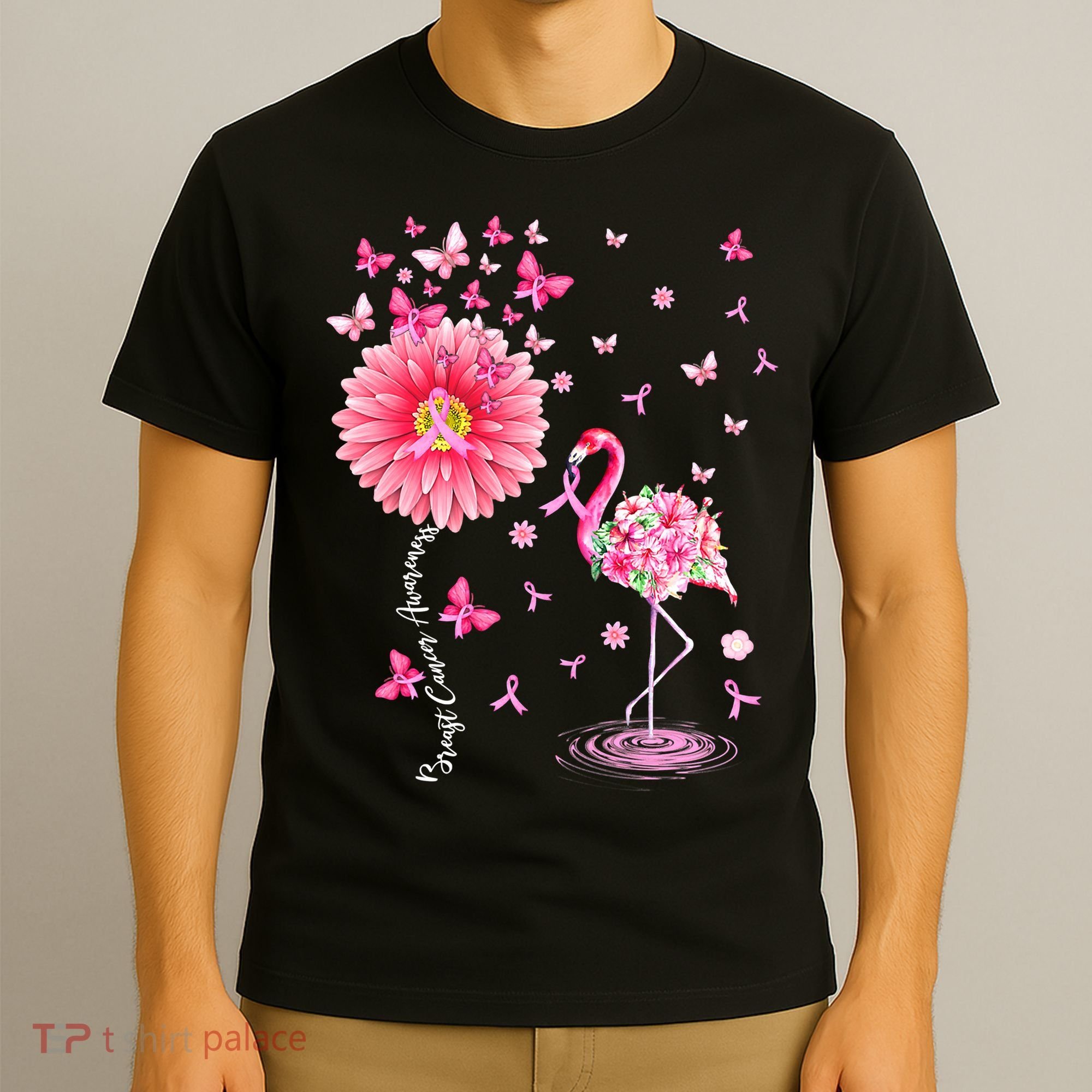 Breast Cancer Pink Flamingo Daisy Awareness Ribbon T-Shirt