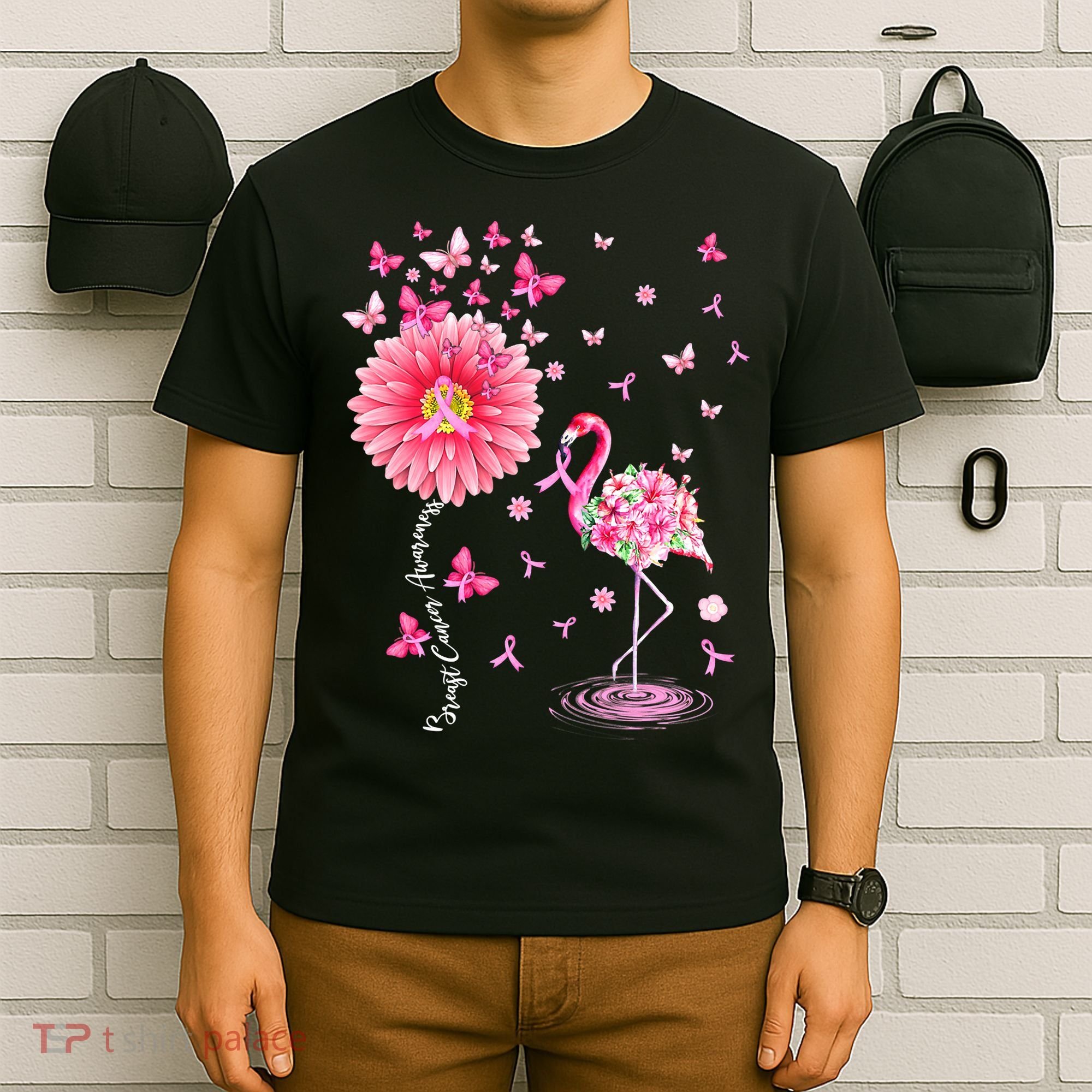 Breast Cancer Pink Flamingo Daisy Awareness Ribbon T-Shirt
