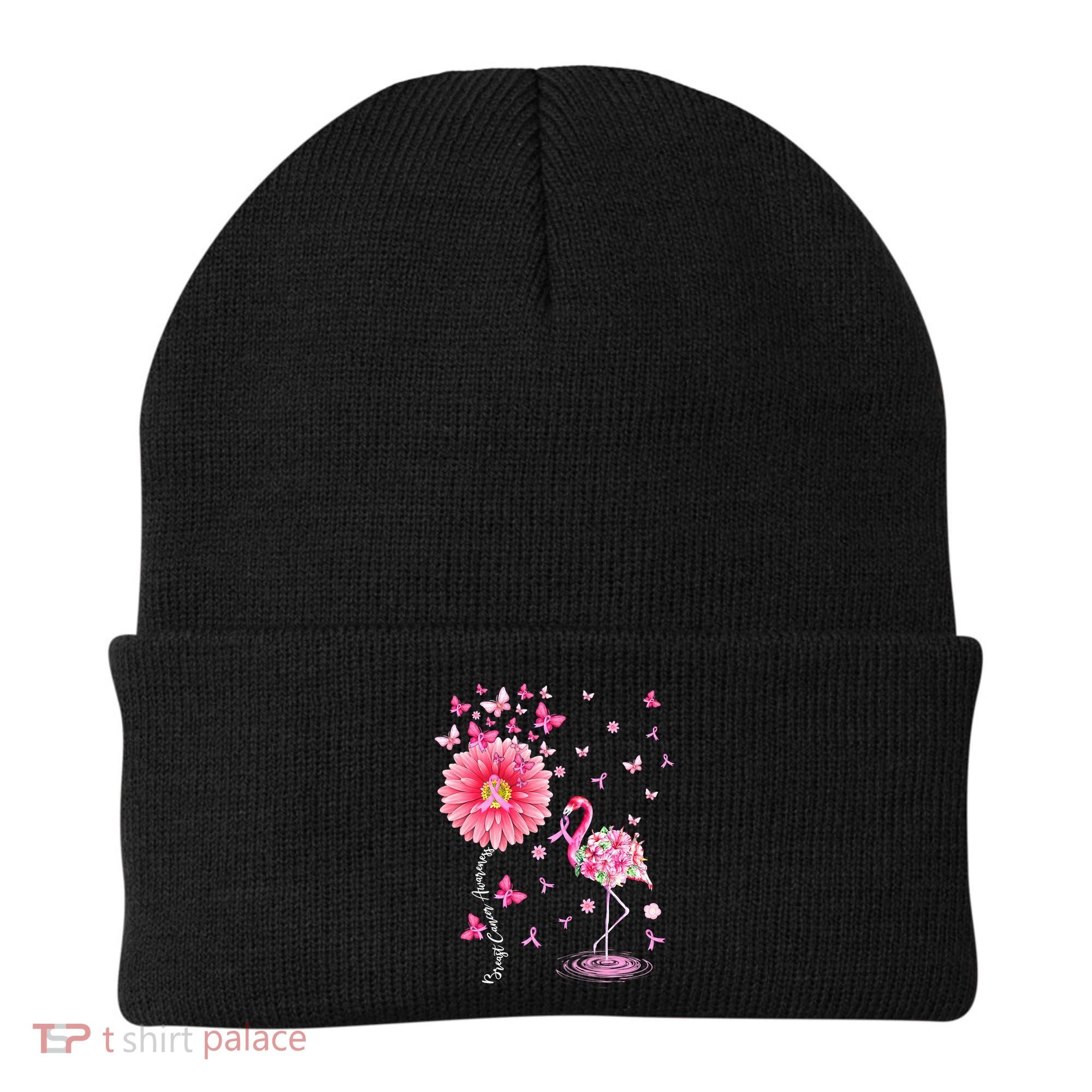 Breast Cancer Pink Flamingo Daisy Awareness Ribbon Beanie