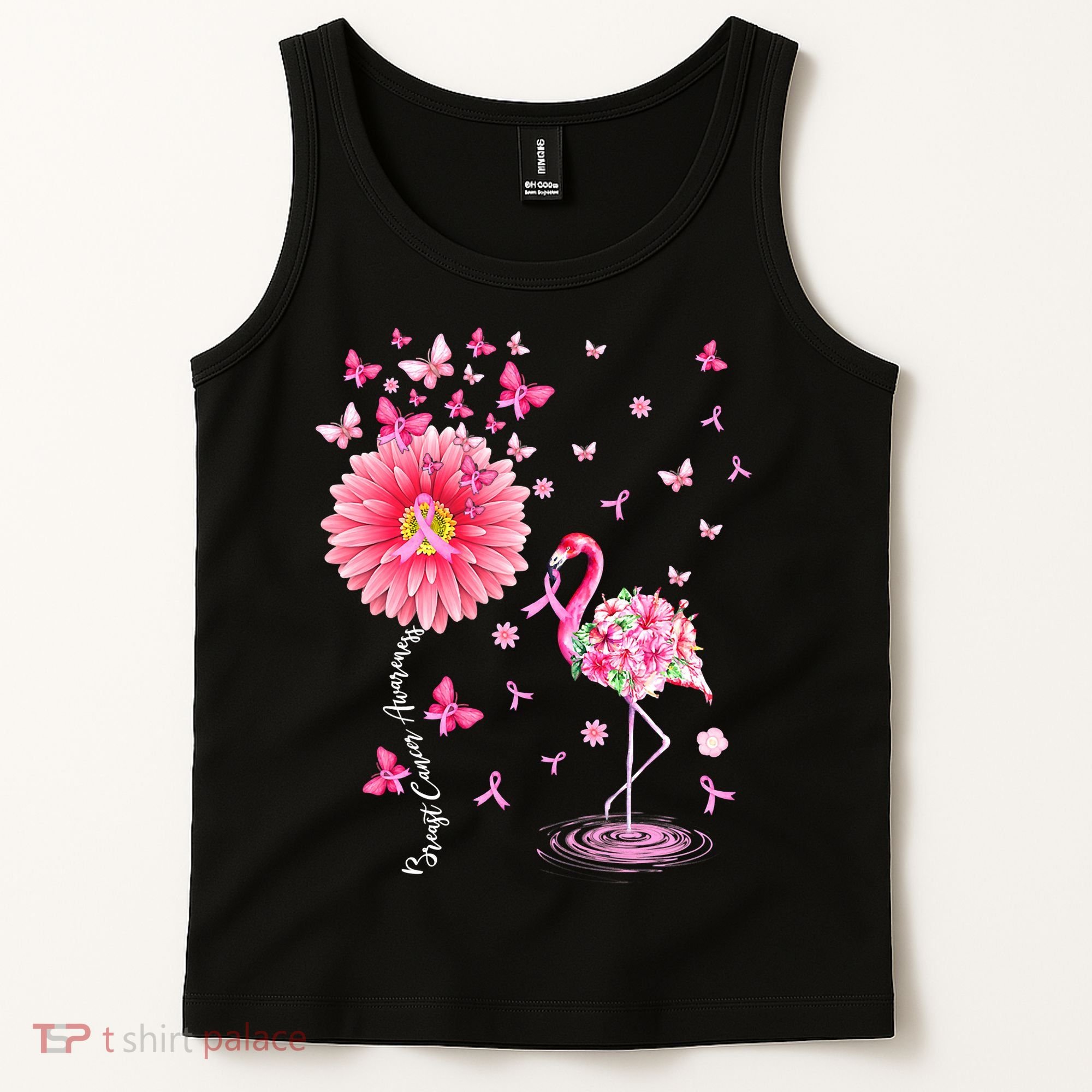 Breast Cancer Pink Flamingo Daisy Awareness Ribbon Tank Top