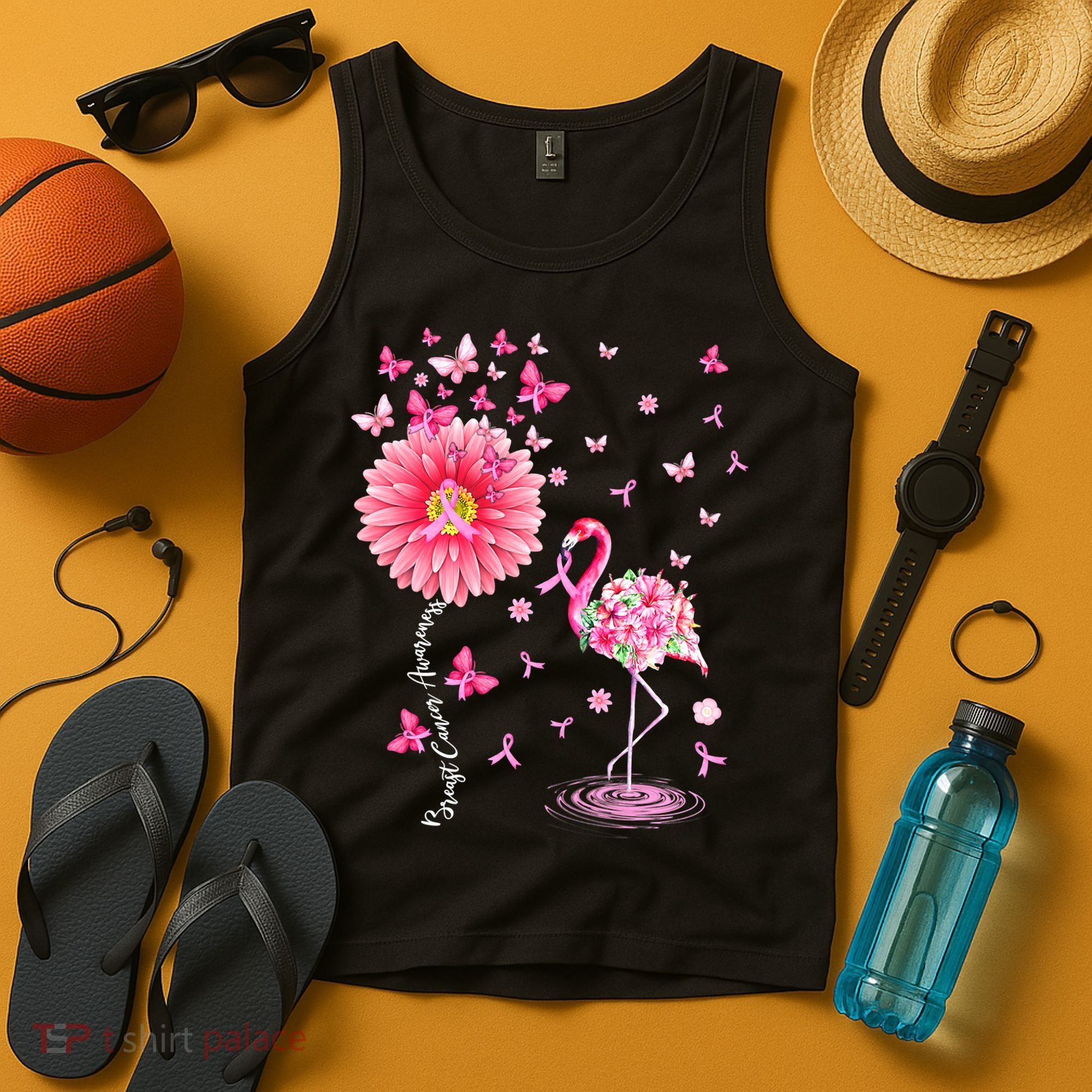 Breast Cancer Pink Flamingo Daisy Awareness Ribbon Tank Top
