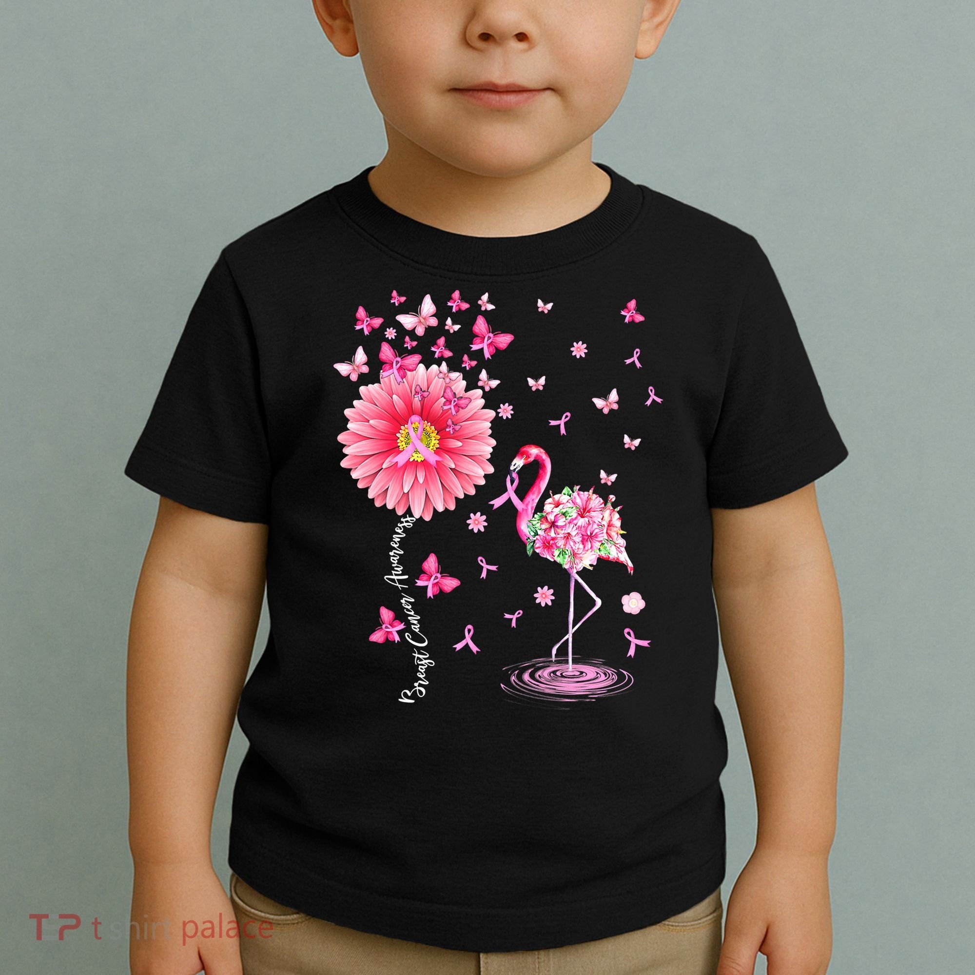 Breast Cancer Pink Flamingo Daisy Awareness Ribbon Toddler T-Shirt