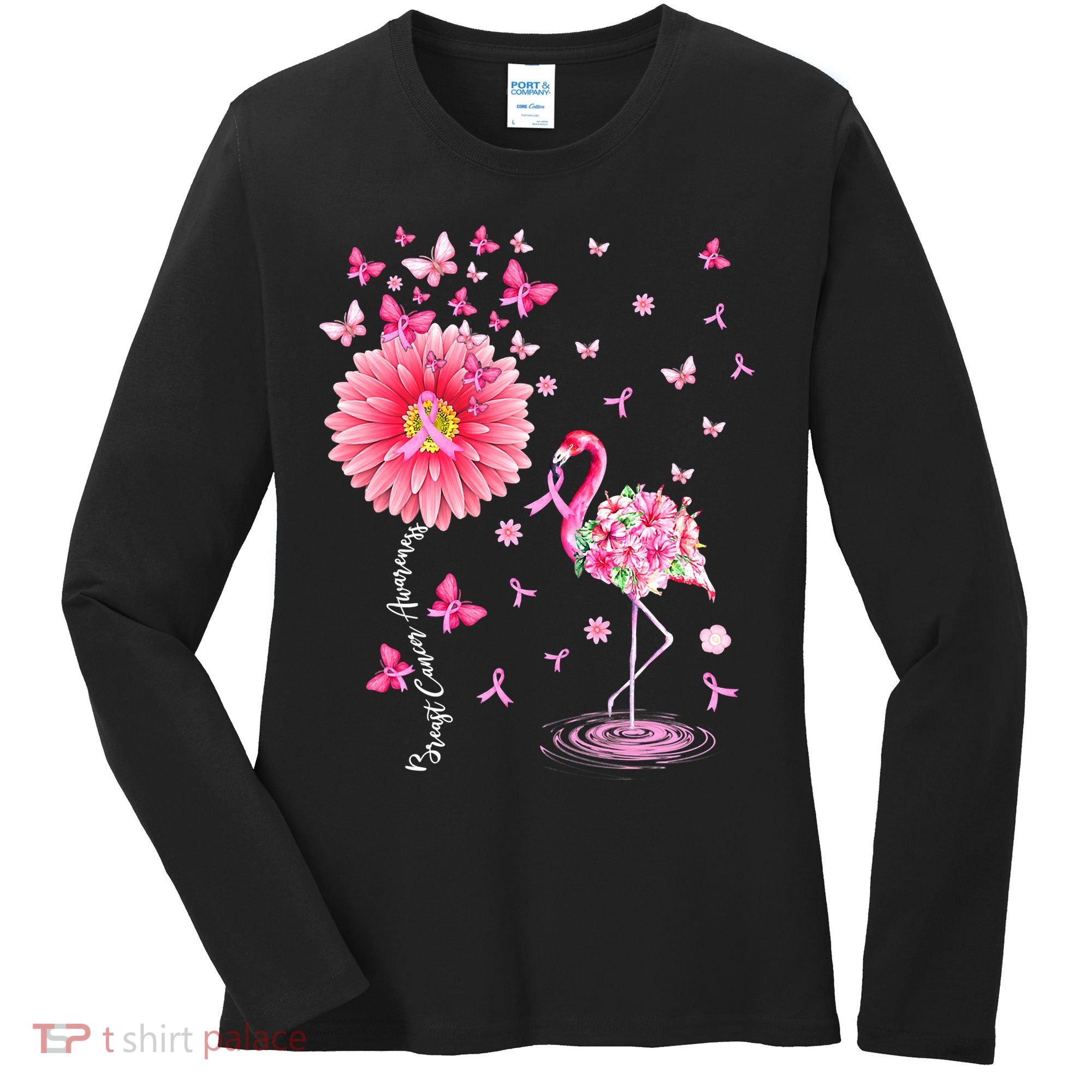 Breast Cancer Pink Flamingo Daisy Awareness Ribbon Women's Long Sleeve Shirt