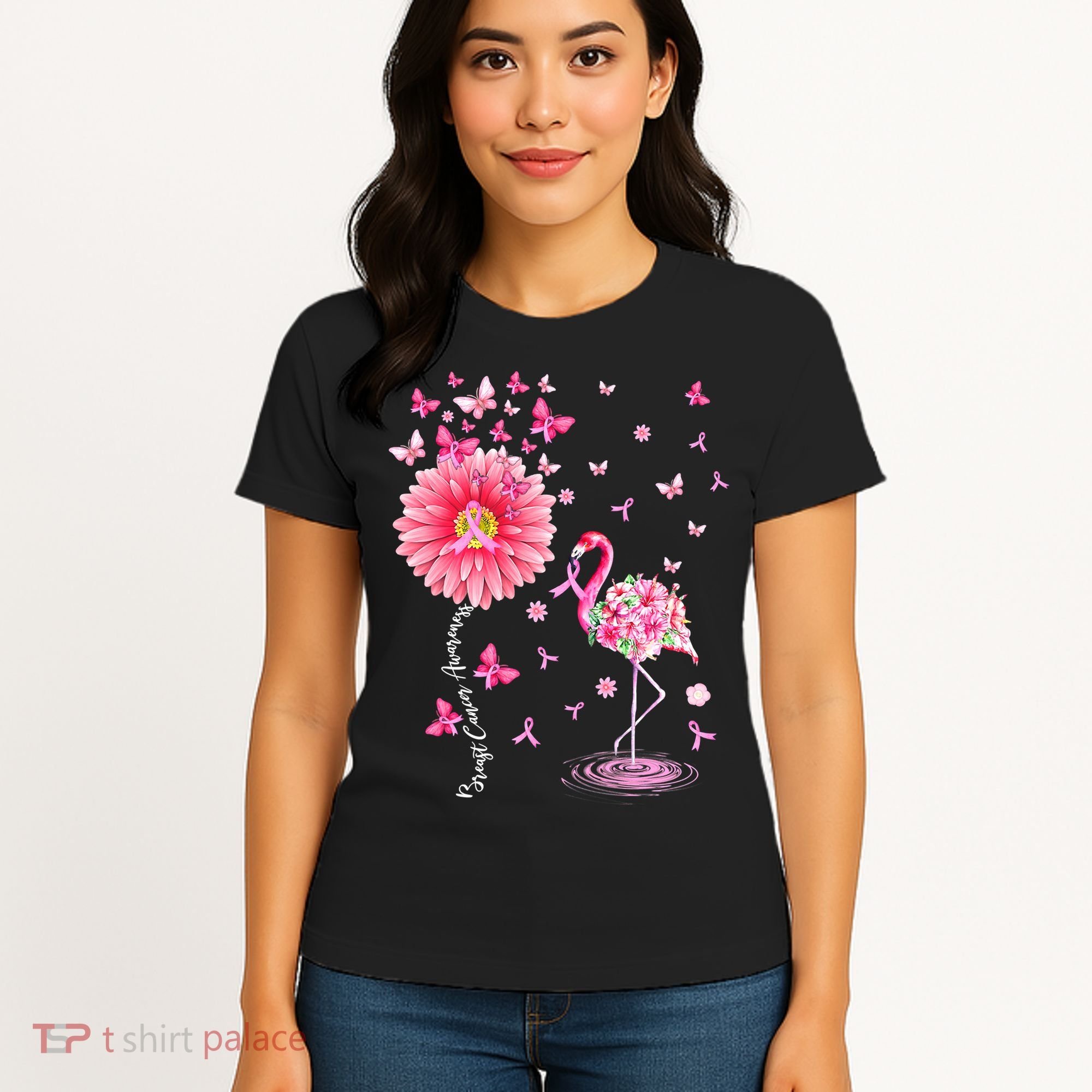 Breast Cancer Pink Flamingo Daisy Awareness Ribbon Women's T-Shirt