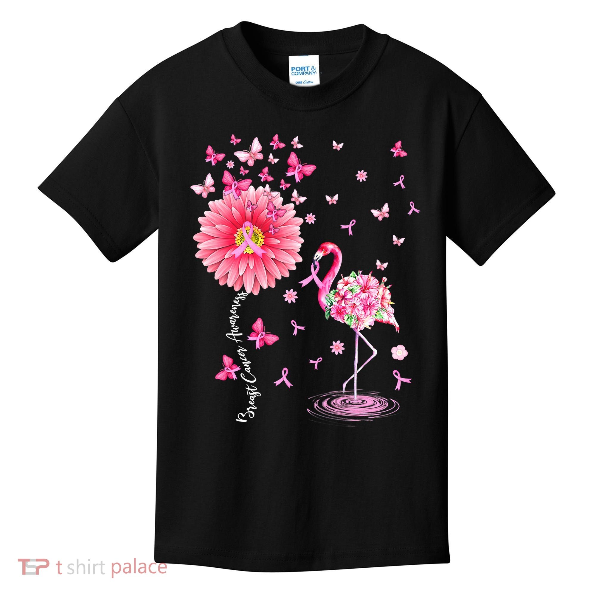 Breast Cancer Pink Flamingo Daisy Awareness Ribbon Kids T-Shirt