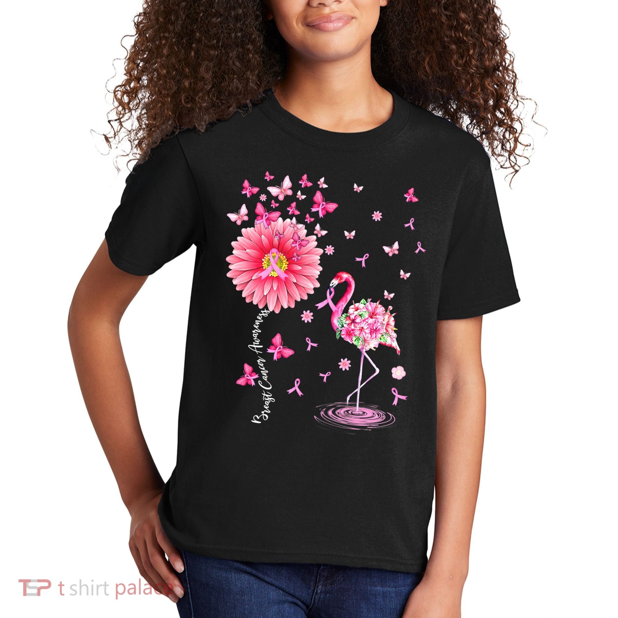 Breast Cancer Pink Flamingo Daisy Awareness Ribbon Kids T-Shirt